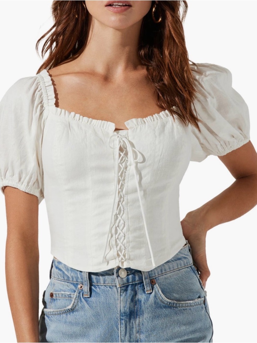 Astr The Label Puff Sleeve Lace-Up Recycled Cotton Crop
Top